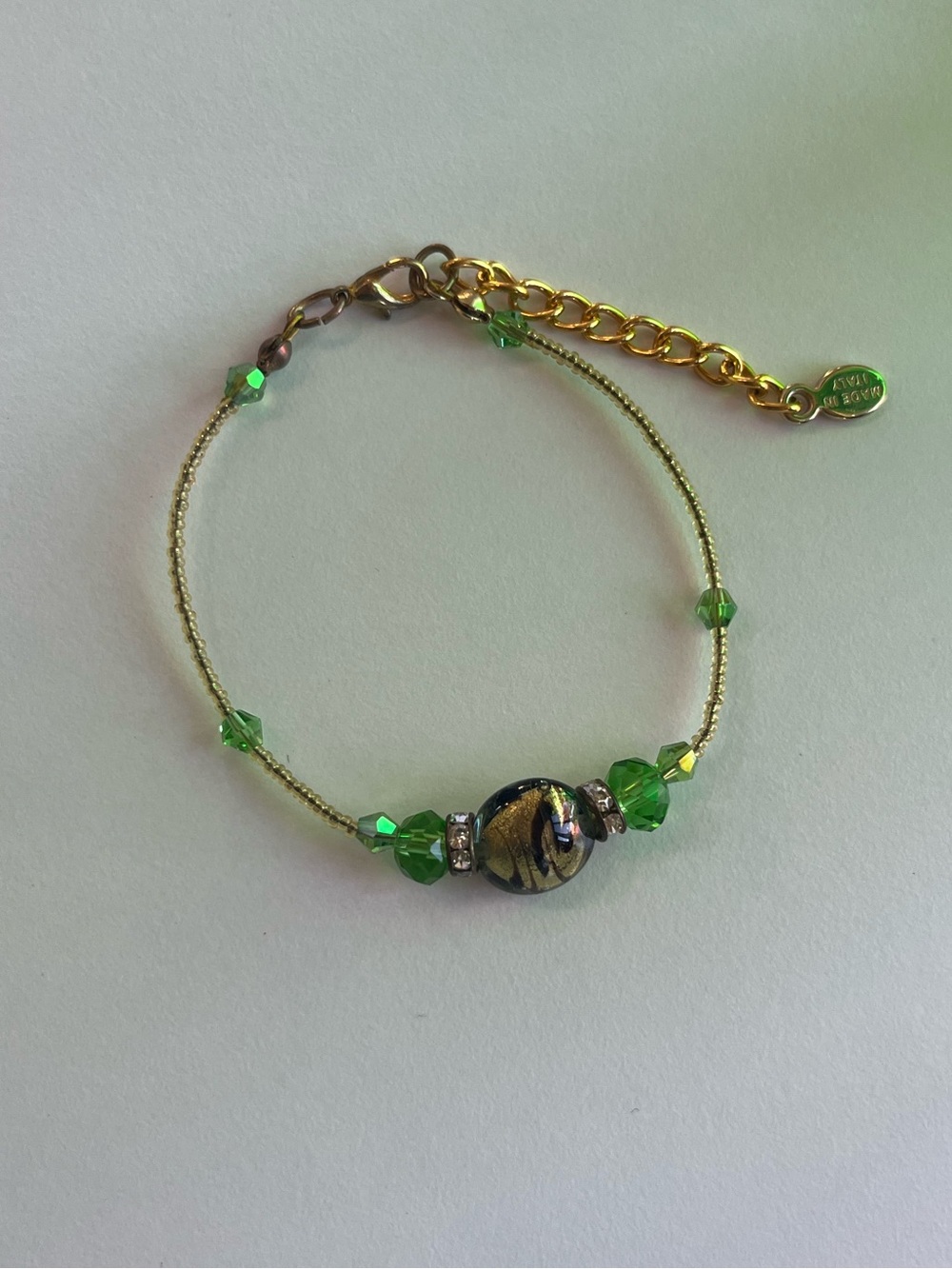 Green Glass Bead and Crystal Accent Women's Bracelet Murano Glass
